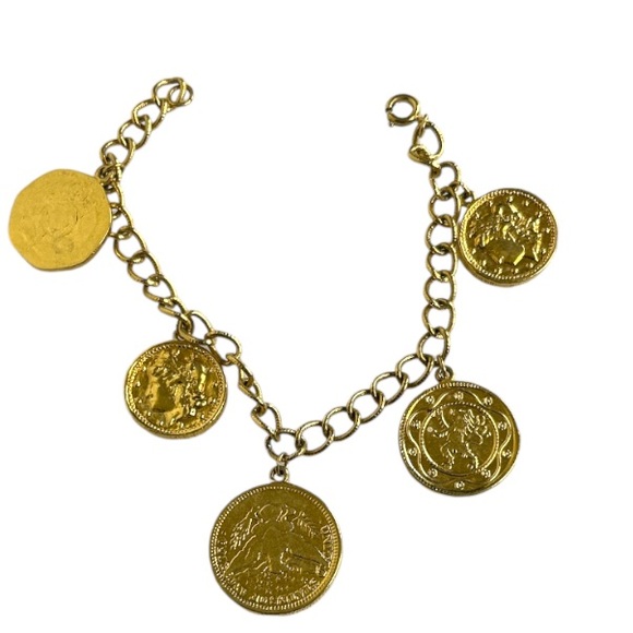 Gold Tone Coin Charm Bracelet Chunky Napoleon Queen Elizabeth United States 7.5" - Picture 6 of 16